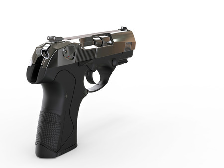 Compact hand gun with metallic chrome finishの写真素材