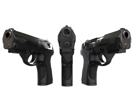 Three black semi automatic pistolsの写真素材