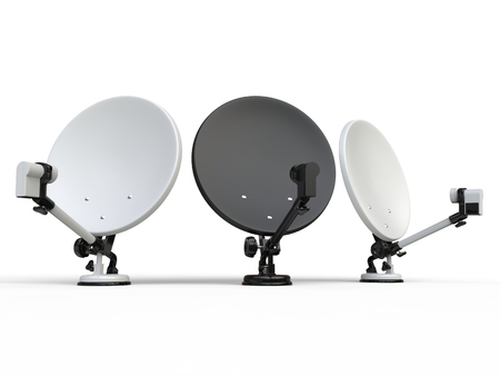 Three black and white TV satellite dishesの写真素材
