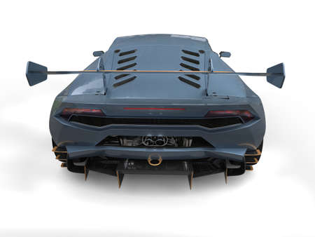 Steel blue racing car with gold accents - back view