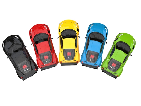 Colorful super cars in semi circle - topdown viewの写真素材