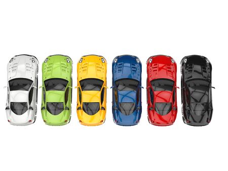 Row of great modern sports cars in various colors - topdown viewの写真素材