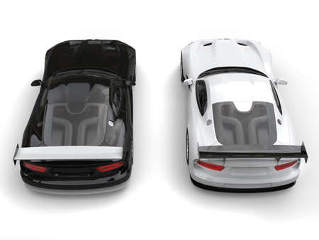 Black and white modern sports cars - top down rear viewの写真素材