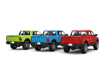 Red, blue, green pick-up trucks - back view