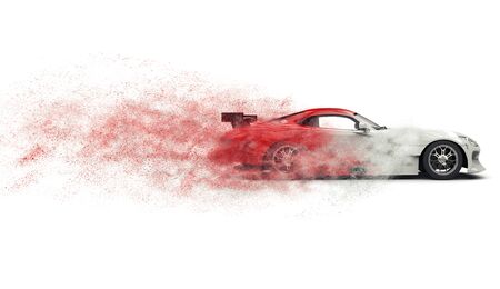 Super sports car disintegrating into red and white dustの写真素材