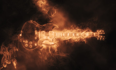 Hard rock electric guitar made out of orange smokeの写真素材