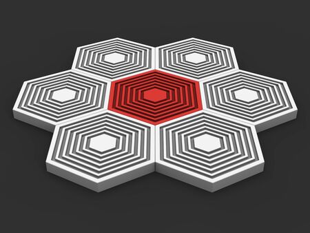 Abstract iconic hexagon shapes - red and white - angle shot