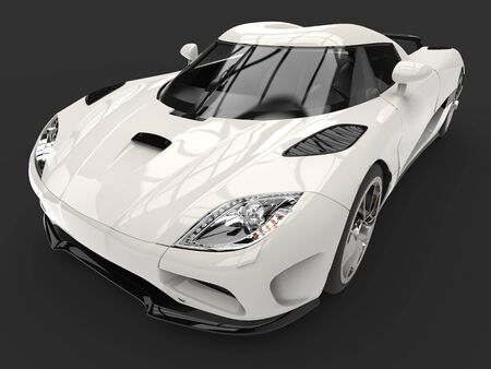 Futuristic super sports car - cosmic white paint - front view top tilt shotの写真素材