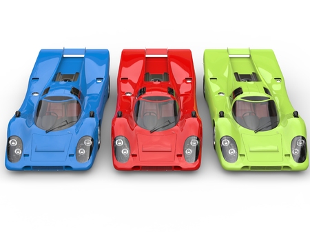 Red, Green and Blue awesome vintage race cars - top view