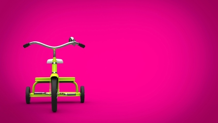 Sweet green pretty tricycle - front view - pink background の写真素材