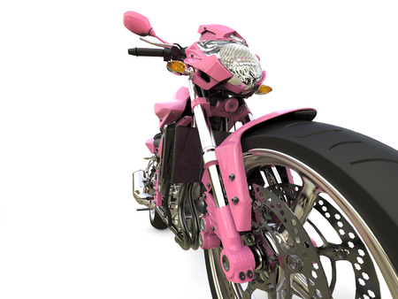 Bright pink modern motorcycle - front wheel extreme closeup shotの写真素材