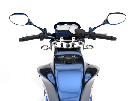 Awesome metallic blue modern motorcycle - in the seat viewの写真素材