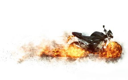 Black sports bike - wheels on fireの写真素材