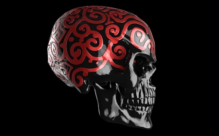 Black shiny skull with red ornamental details - side viewの写真素材