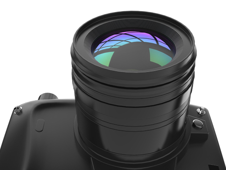 Modern black photo camera - low angle lens closeup shotの写真素材