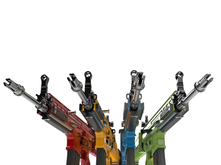 Assault rifles in green, blue, red and greenの写真素材