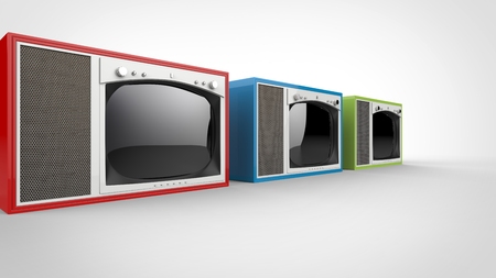 Red, green and blue vintage TV sets with white fronts - perspective shotの写真素材