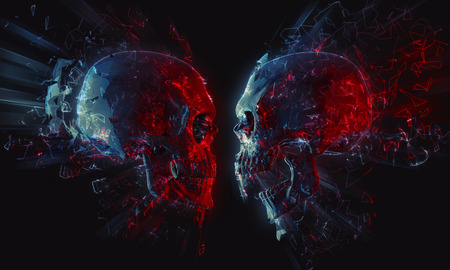 Skulls starring each other - glowing polygonsの写真素材