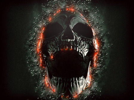 Dark screaming skull emerging from the rock wall