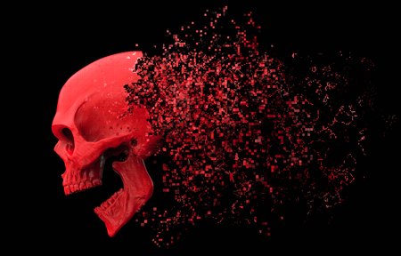 Screaming red skull disintegrating into pixelsの写真素材