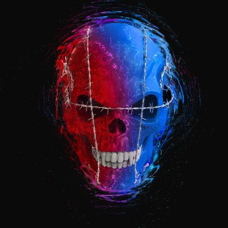 Red and blue evil vampire skull bound with barb wireの写真素材