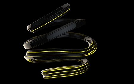 Abstract flows and spiral forms with yellow glowing stripesの写真素材