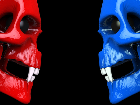 Red and blue vampire skulls with white teeth and black eyesの写真素材