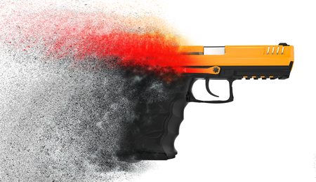 Modern semi auto handgun dissolving into particles