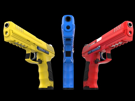 Three modern semi automatic guns - red, blue and yellowの写真素材