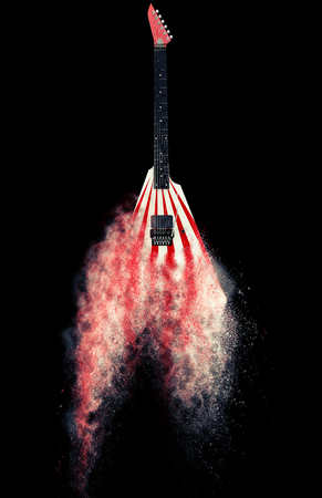 Red and white heavy metal guitar dissolving into dustの写真素材