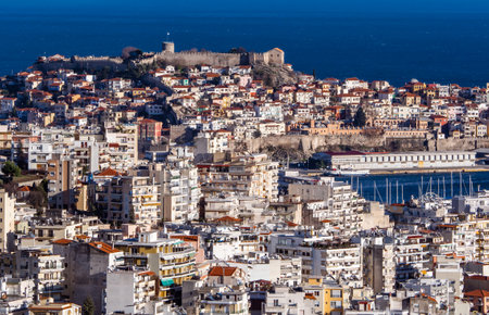 City of Kavala with old fortress on the top of the hill