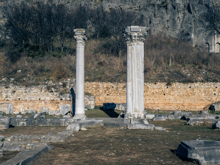 Two ancient Greek columns still standing among the ancient ruins of Philippi - Greeceの写真素材