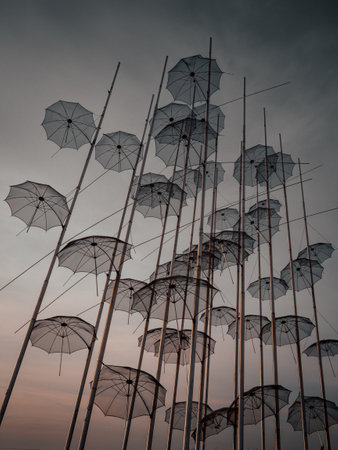 Umbrellas sculpture, misty weather -  Thessaloniki, Greece