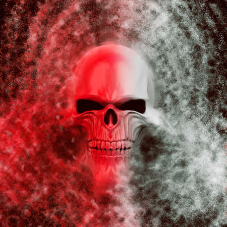 Red and white demon skull disintegrating into millions of particlesの写真素材