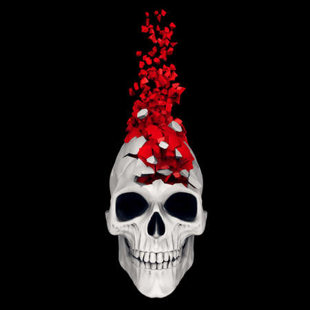 Broken white skull with red pieces floating offの写真素材