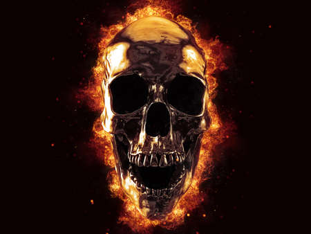 Laughing liquid metal skull on fire