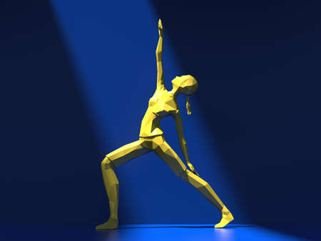 Yellow fitness girl practising yoga in a blue roomの写真素材