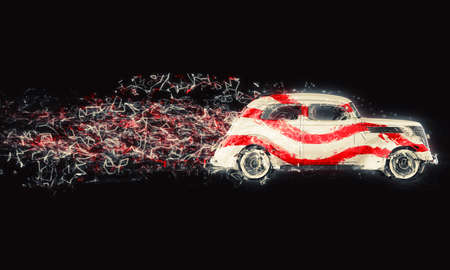 Old school hotrod leaving a trail of glowing polygons