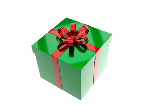 Shiny green gift box with bright red ribbonの写真素材
