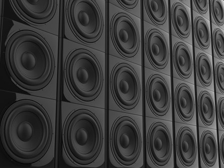 Wall of bass sub woofer sound speakers - angled shotの写真素材