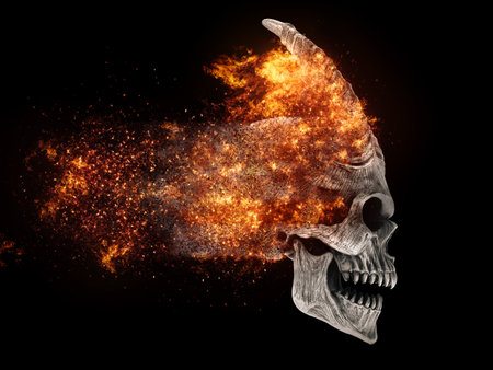 Metal demon skull with horns on fire - side viewの写真素材