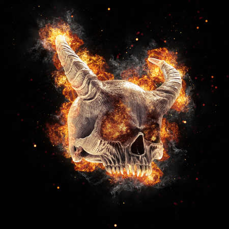 Horned demon skull engulfed in fire and smoke