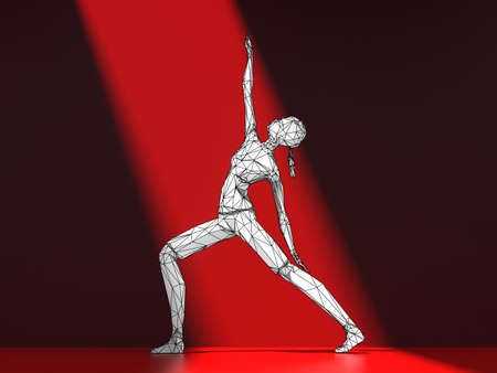 Yoga pose - low polygon girl stands in a yoga pose under a ray of light - front viewの写真素材