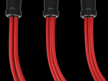 Three sets of red cables plugged in black jacks