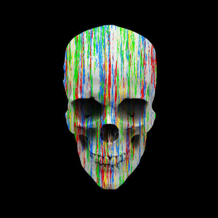 White skull splattered with red, green, blue and yellow paintの写真素材