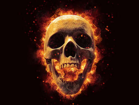 Laughing skull on fire with burning embers in the air