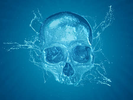 Human skull made out of water with water splashes around itの写真素材