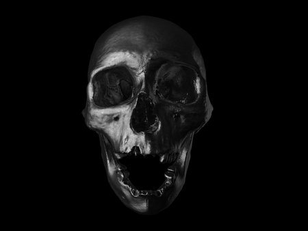 Oil black human skull with open jaw and missing teeth - front viewの写真素材