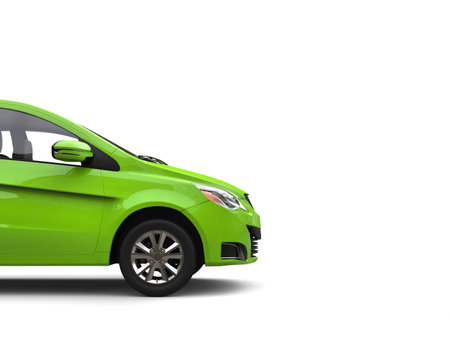 Metallic fresh green small compact affordable eco friendly car - side view, cut shot - isolated on white backgroundの写真素材