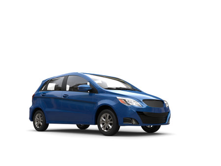 Modern small compact economic car in dark blue color - isolated on white backgroundの写真素材
